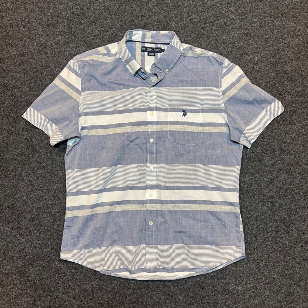 US Polo Assn Mens Large Blue White Striped Short Sleeve Button Down Shirt Logo